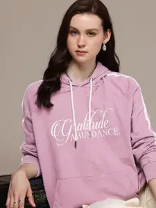 The Roadster Life Co. Pure Cotton Typography Printed Washed Hooded Sweatshirt