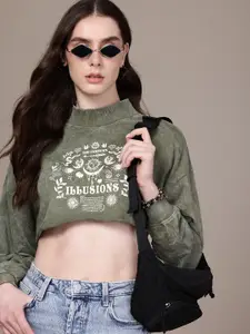 The Roadster Life Co. Graphic Printed Washed Effect Pure Cotton Crop Sweatshirt