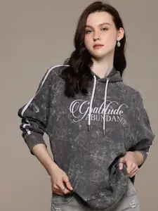 The Roadster Life Co. Pure Cotton Typography Printed Washed Hooded Sweatshirt