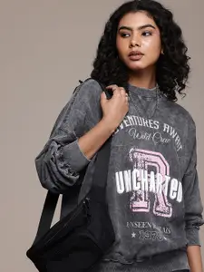 The Roadster Life Co. Dyed Effect Typography Printed Pure Cotton Pullover Sweatshirt