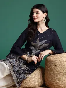 Sangria Printed Bell Sleeves Gotta Patti Straight Kurta