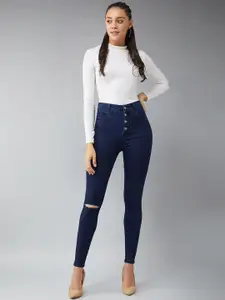 DressBerry Navy Blue Women Skinny Fit High-Rise Slash Knee Stretchable Jeans