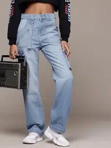 The Roadster Life Co. Women Relaxed Straight Fit High-Rise Light Fade Cargo Jeans