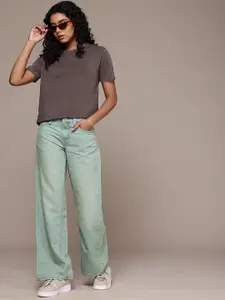 The Roadster Life Co. Women Baggy Wide Leg Low-Rise Low Distress Light Fade Jeans