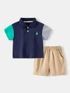 StyleCast Blue Boys Colourblocked Polo Collar T-shirt With Trouser