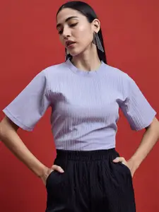 all about you Purple Self Design Striped V-Neck Puff Sleeve Regular Top