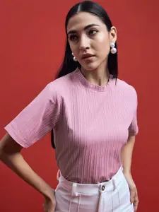 all about you Pink Self Design Striped Round Neck Regular Top