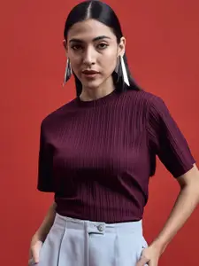 all about you Burgundy Self Design Striped V-Neck Puff Sleeve Regular Top