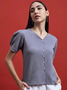 all about you Grey Self Design Checked V-Neck Puff Sleeve Regular Top