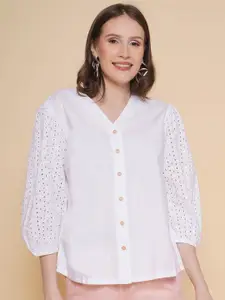 VESTIDO MODAS Schiffli Puff Sleeves Pure Cotton Shirt Style Top