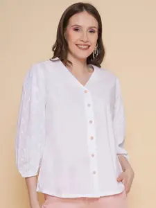 VESTIDO MODAS Schiffli Puff Sleeves Pure Cotton Shirt Style Top