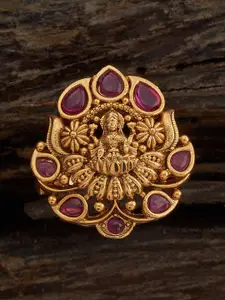 Kushal's Fashion Jewellery Gold-Plated Ruby-Stone Studded Floral Antique Finger Ring
