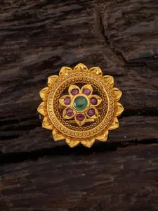 Kushal's Fashion Jewellery Gold-Plated Ruby-Stone Studded Floral Antique Finger Ring