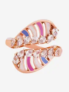 Kushal's Fashion Jewellery Rose Gold-Plated CZ-Stone Studded Floral Finger Ring