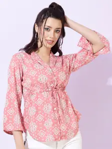 DAEVISH Floral Print Bell Sleeve Ethnic Cinched Waist Top