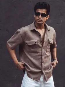Powerlook Brown India Slim Oversized Geometric Printed  Drop-Shoulder Sleeves Casual Shirt