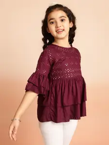 BAESD Girls Floral Embroidered Sequinned Bell Sleeves A-Line Kurti