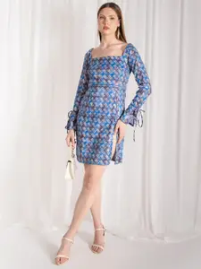 Stylecast X Hersheinbox Blue Sequined Geometric Sheath Dress with Slit Sleeves