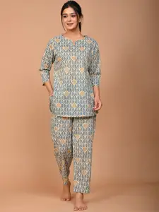 MISS REKHA Printed Pure Cotton Top & Trousers Night suit