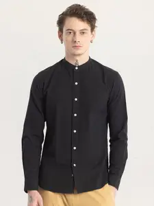 Snitch Black Classic Slim Fit Mandarin Collar Long Sleeves Cotton Casual Shirt