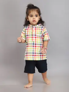 Biglilpeople Boys Checked Mandarin Collar Pure Cotton Shirt with Shorts
