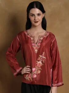Exotic India Floral Embroidered Notched Neck Pure Silk Aari Work Kurti