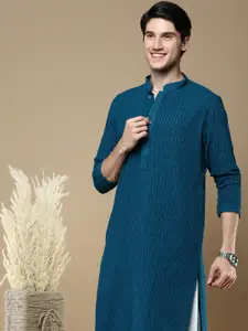 Anouk Blue Ethnic Motifs Woven Design Thread Work Mandarin Collar Chikankari Kurta