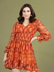 plusS Abstract Print V-Neck Puff Sleeve Fit & Flare Dress