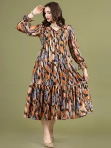 plusS Abstract Print V-Neck Puff Sleeve A-Line Midi Dress