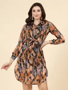 plusS Abstract Print Cuffed Sleeves Shirt Style Dress