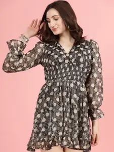 plusS Abstract Printed V-Neck Smocked Puff Sleeve Fit & Flare Dress