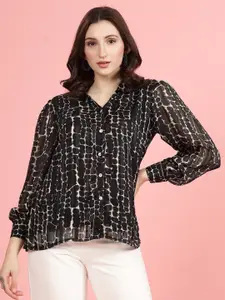 plusS Black Spread Collar Semi Sheer Printed Casual Shirt