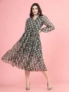 plusS Floral Print Shirt Collar Puff Sleeve A-Line Midi Dress