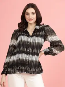 plusS Black Spread Collar Semi Sheer Printed Casual Shirt