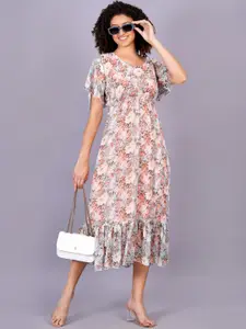HIGHLIGHT FASHION EXPORT Floral Printed Flared Sleeves Georgette Fit & Flare Midi Dress