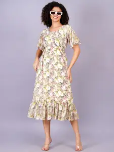 HIGHLIGHT FASHION EXPORT Floral Printed Flared Sleeves Georgette Fit & Flare Midi Dress