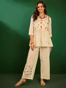 Sangria Embroidered Pure Cotton Top With Palazzos Co-Ords