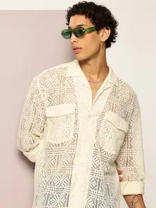 Kook N Keech Floral Self Designed Semi Sheer Oversized Casual Shirt