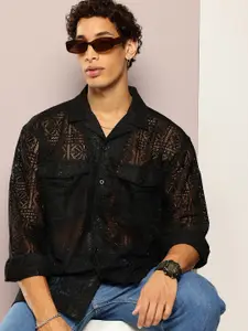 Kook N Keech Floral Self Designed Semi Sheer Oversized Casual Shirt