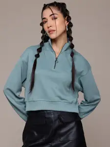 The Roadster Lifestyle Co. Solid Half Zipper Crop Sweatshirt