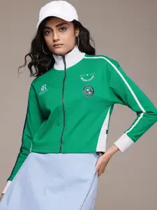 The Roadster Lifestyle Co. Striped Sleeves Detail Mock Collar Printed Sweatshirt