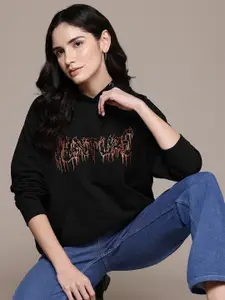 Roadster The Life Co. Graphic Printed Hooded Longline Sweatshirt