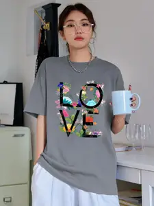 CHKOKKO Women Printed Oversized Round Neck Cotton T-shirt