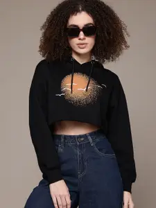 The Roadster Lifestyle Co. Printed Hooded Cropped Sweatshirt