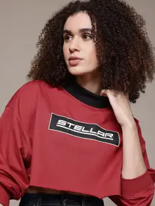 The Roadster Lifestyle Co. High Neck Printed Crop Sweatshirt