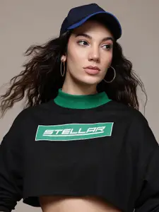 The Roadster Lifestyle Co. High Neck Printed Crop Sweatshirt