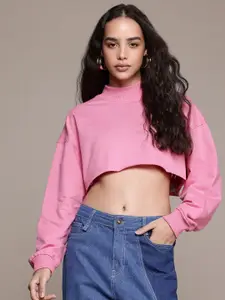 The Roadster Lifestyle Co.  High Neck Raw Hem Crop Sweatshirt