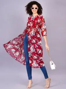 KALINI Floral Printed Georgette Empire High Slit A-Line Kurta