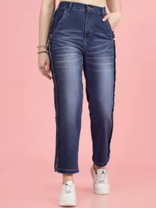 plusS Women Blue High-Rise Clean Look Heavy Fade Frayed Hem Cotton Jeans