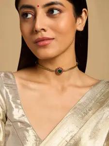 Kushal's Fashion Jewellery Copper Gold-Plated Stones Studded Antique Necklace